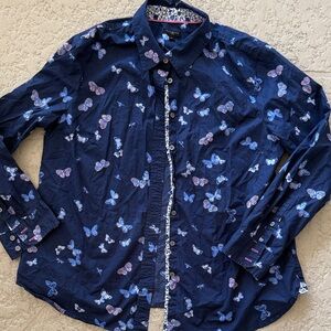 Talbots Women's Navy Butterfly Print Button Down Shirt